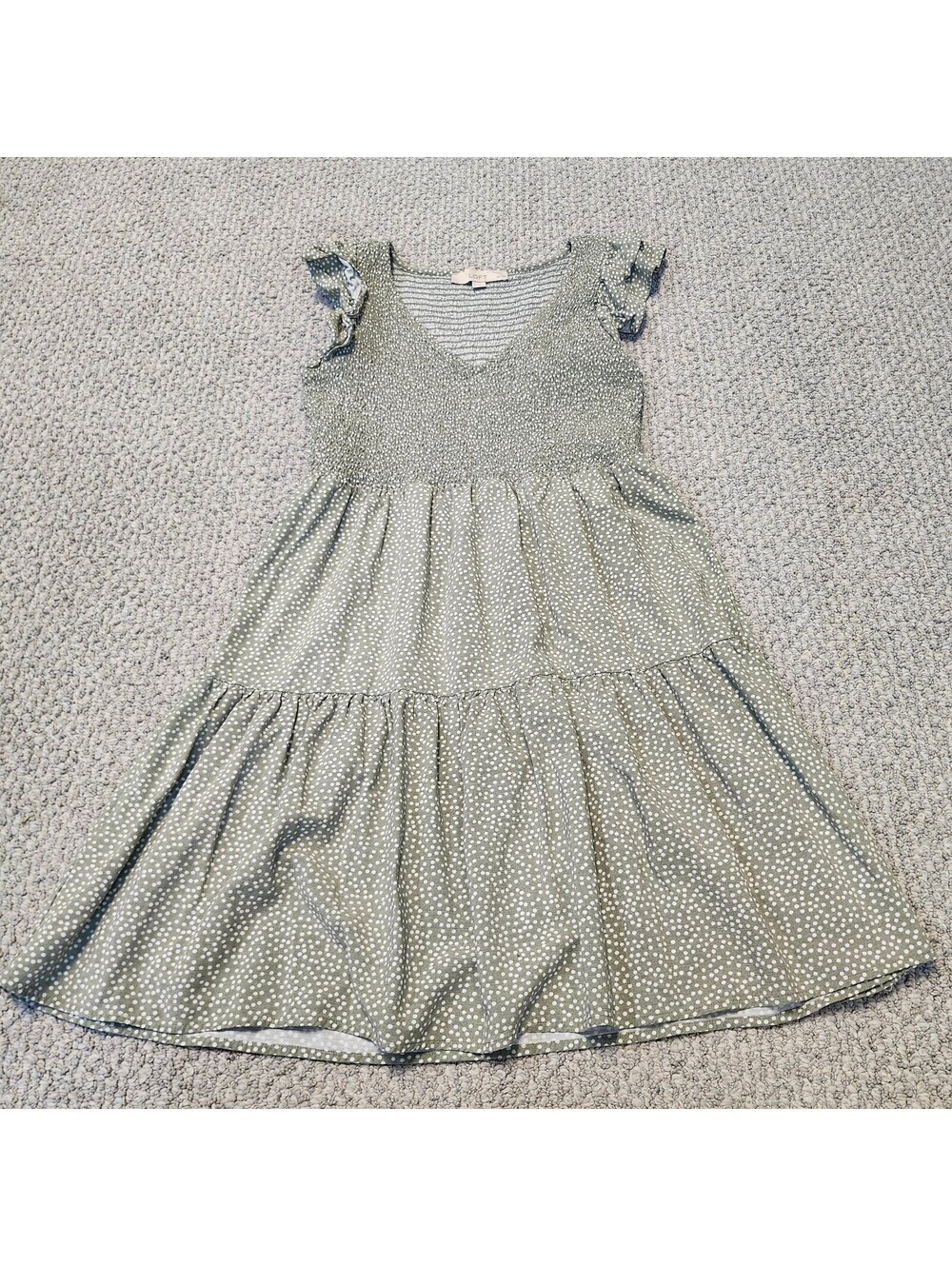 LOFT Petite Green Polka Dot Midi Dress Smocked Bodice and Flutter Sleeves SP